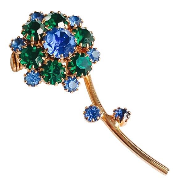 VTG Mid Century Brooch Floral Green Blue Rhinestone Gold Tone EUC - Picture 12 of 12